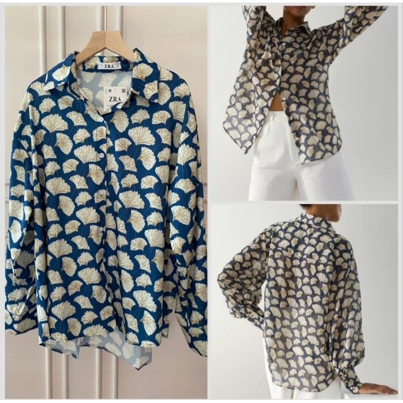 KEMEJA OVERSIZE IMPORT ZRA BLUE LEAF / KEMEJA ZARA WANITA PREMIUM IMPORT