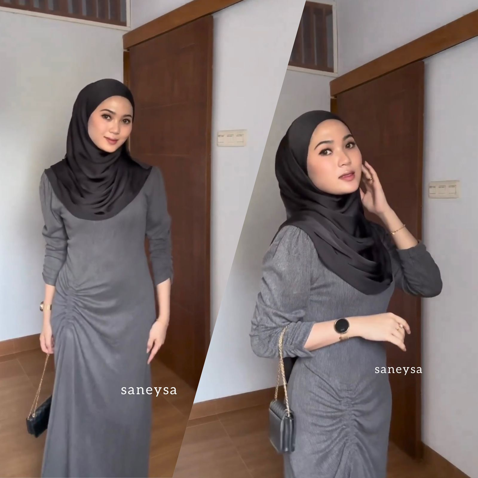 Yumna Dress - Dress Kondangan - Dress Korea - Basic Dress Casual - Dress Serut - Gamis Knit - Dress Pesta Hijab Friendly - Puffy Dress