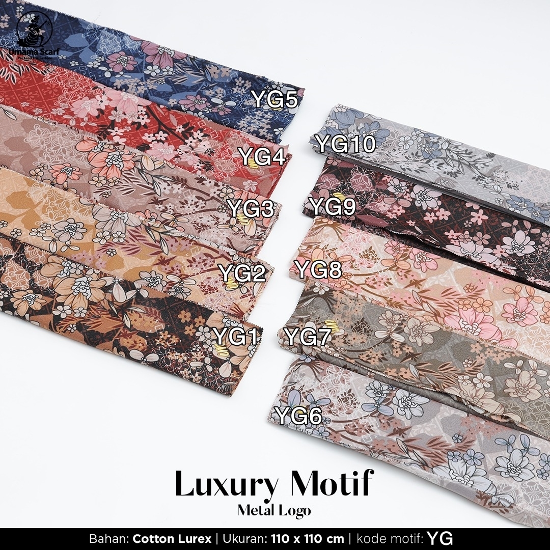 Jilbab  LUXURY PRINT Segiempat UMAMA kode YF motif bahan Cotton Lurex original PREMIUM
