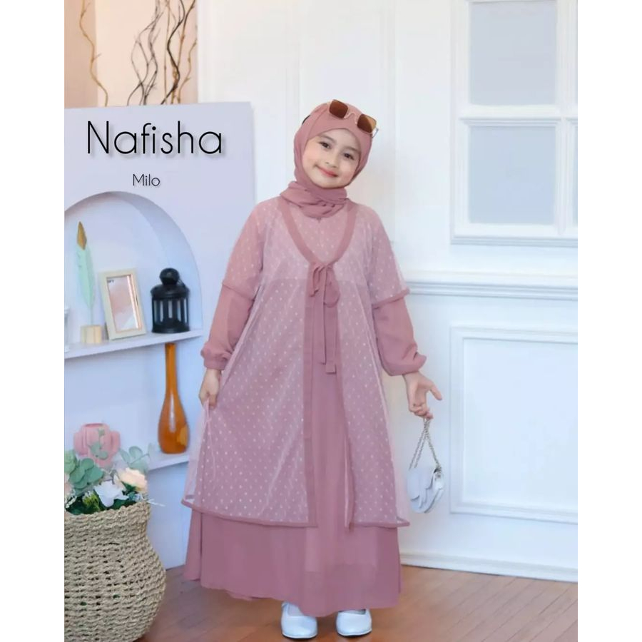 GAMIS ANAK NAFISHA KIDS SET PASHMINA BAHAN CERUTY BABYDOLL MIX TILE LD 80 - 95 PB 105 9 - 12 TH INNER OUTER PISAH ZIPPER DEPAN GAMIS ANAK TERBARU 2023 MODEL TERBARU DRESS ANAK PREMPUAN BAJU MUSLIM MODERN ANAK MODEL TERBARU WARNA SAGE