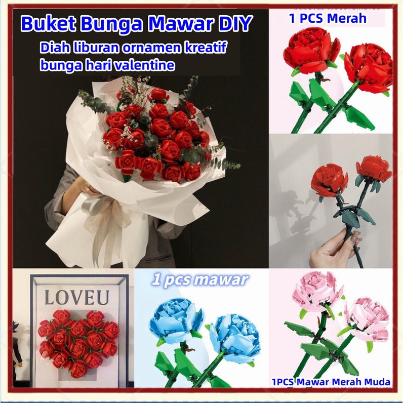 Buket romantis blok bangunan mawar model bunga bata bata bunga DIY mainan mainan bata set mainan anak-anak / untuk dekorasi desktop hadiah ulang tahun mawar MGH01