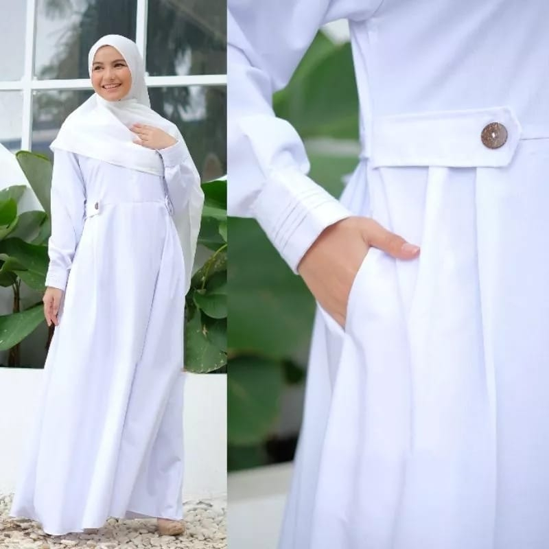 Baju Wanita Gamis Putih Jumbo L, XL Qinanty Dress Gamis Polos Bahan Katun Toyobo Premium