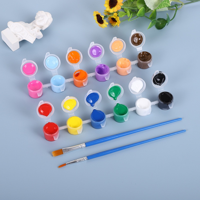Cat Lukis Akrilik Set 12 Warna Isi 3ml + 2 Kuas / Acrylic Paint Set For Kids / Peralatan Melukis Set