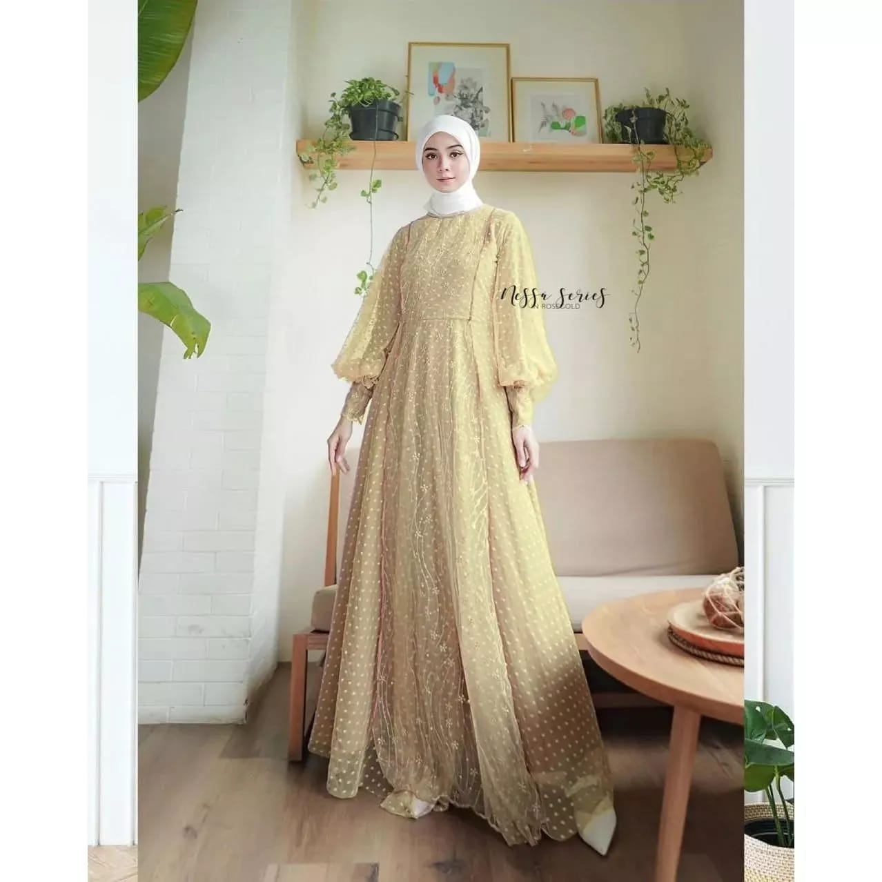 Nessa Series Dress Maxy Baju Pesta Wanita Muslim Gamis Terbaru 2023 Dress Kondangan Wollycrepe Mix Brukat Tille Dot