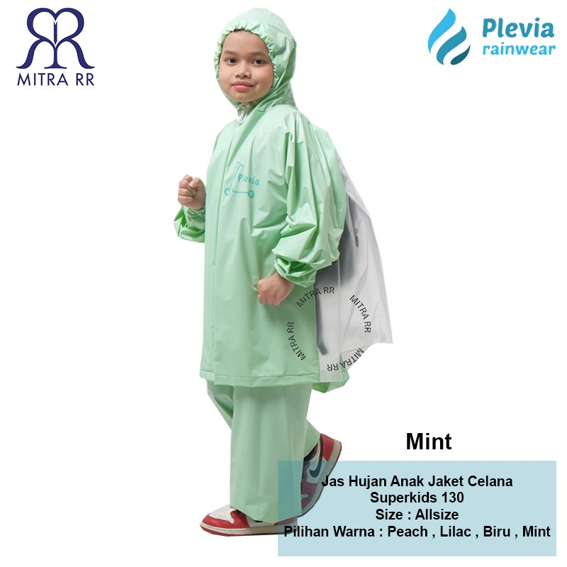 Jas Hujan Plevia Jacket Celana Anak Backpack Superkids 130 Usia SD 4-8 Tahun Raincoat PVC