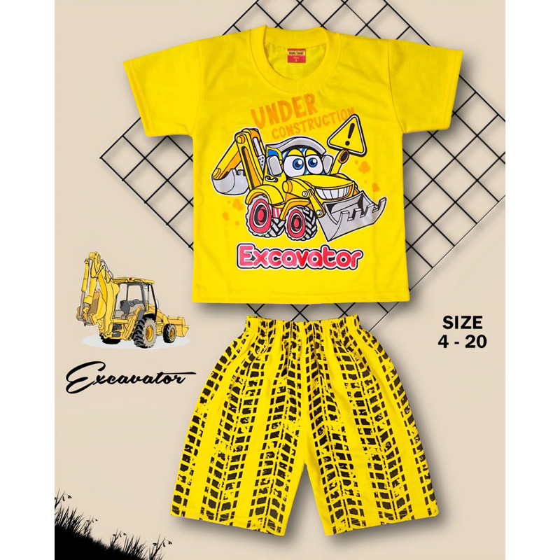 STELAN BAJU ANAK EXCAVATOR KUNING KOSTUM TERBARU BAJU EXCAVATOR ANAK LAKI-LAKI 1-10 TAHUN PALING BAR