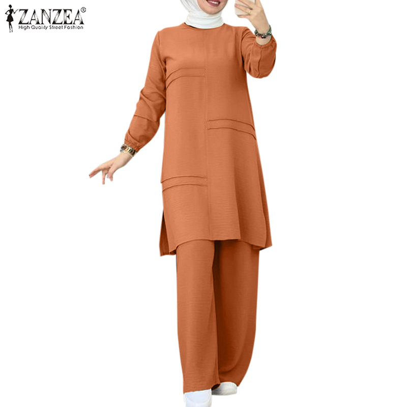 ZANZEA Women Commuting Casual Cover Up Irregular Design Elastic Waist Wide Leg Pants Muslim Suit