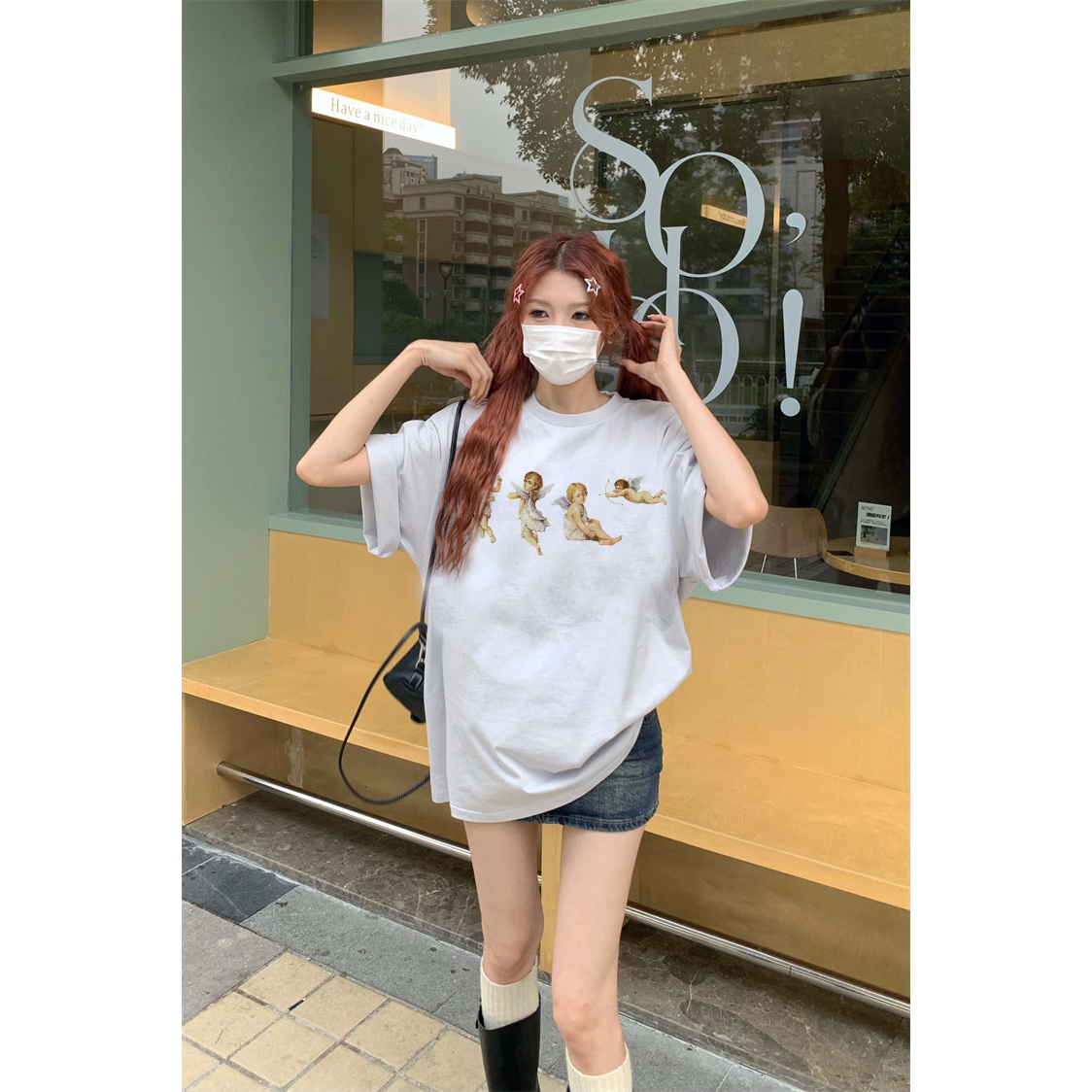 EUNII T-shirt Lengan Pendek Cartoon Angle Wings Korean Style/Kaos Atasan Wanita/Baju Kaus Oversize Wanita/Kaos Wanita