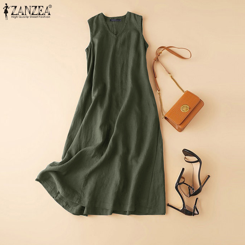 ZANZEA Women Sleeveless V Neck Solid Color Casual Side Pockets Long Dress