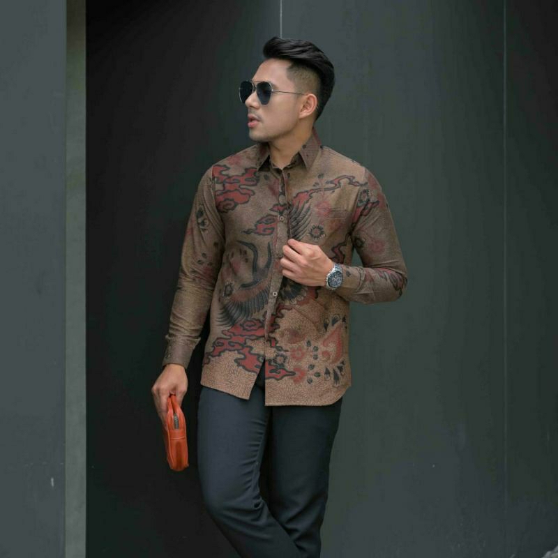 batik pria slimfit dobi lasem premium full furing tricot motif burung bangau coklat