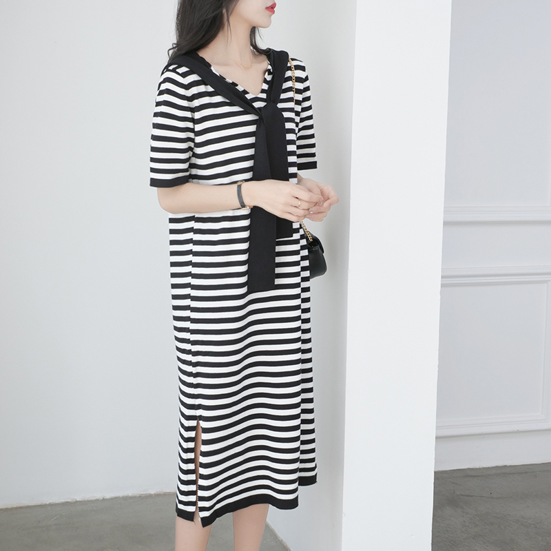 【Elegant】Loose Comfortable Striped Bow Knee Length  Dress 2094