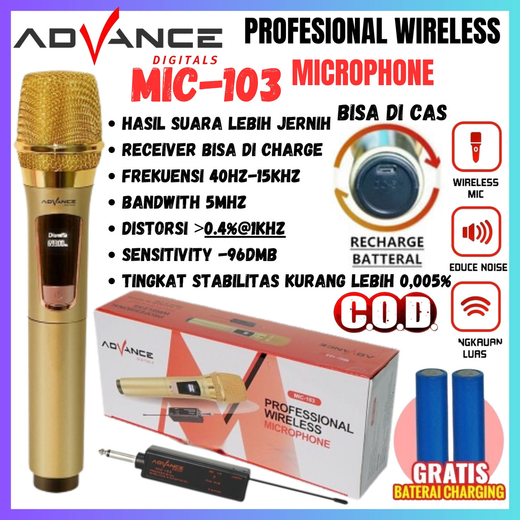 Advance Mic-103 Microphone Profesional Mic Wireless Gold Memberi Kesan Menawan Dan Mewah-Bisa Di Cha