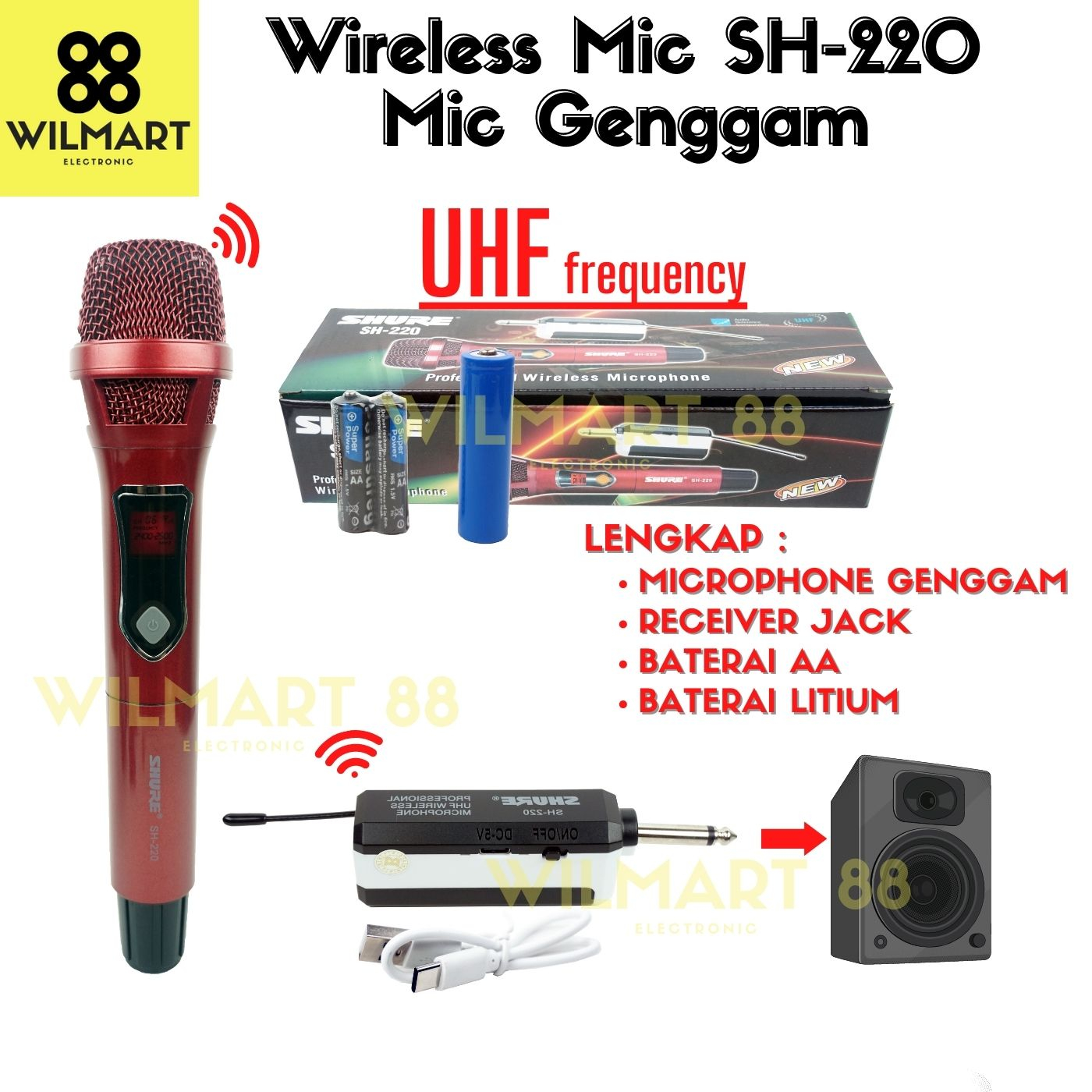 Professional Microphone SH-220 - Mic Genggam Wireless SH 220 - Receiver Home Jack Wireless , Jenis Mic Genggam , Baterai AA &amp; Litium