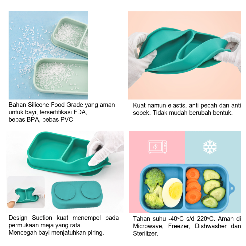 LIGERA 2in1 Travel Baby Suction Plates / Silicone Lunch Box / Piring Sekat Anak Bayi Anti Tumpah