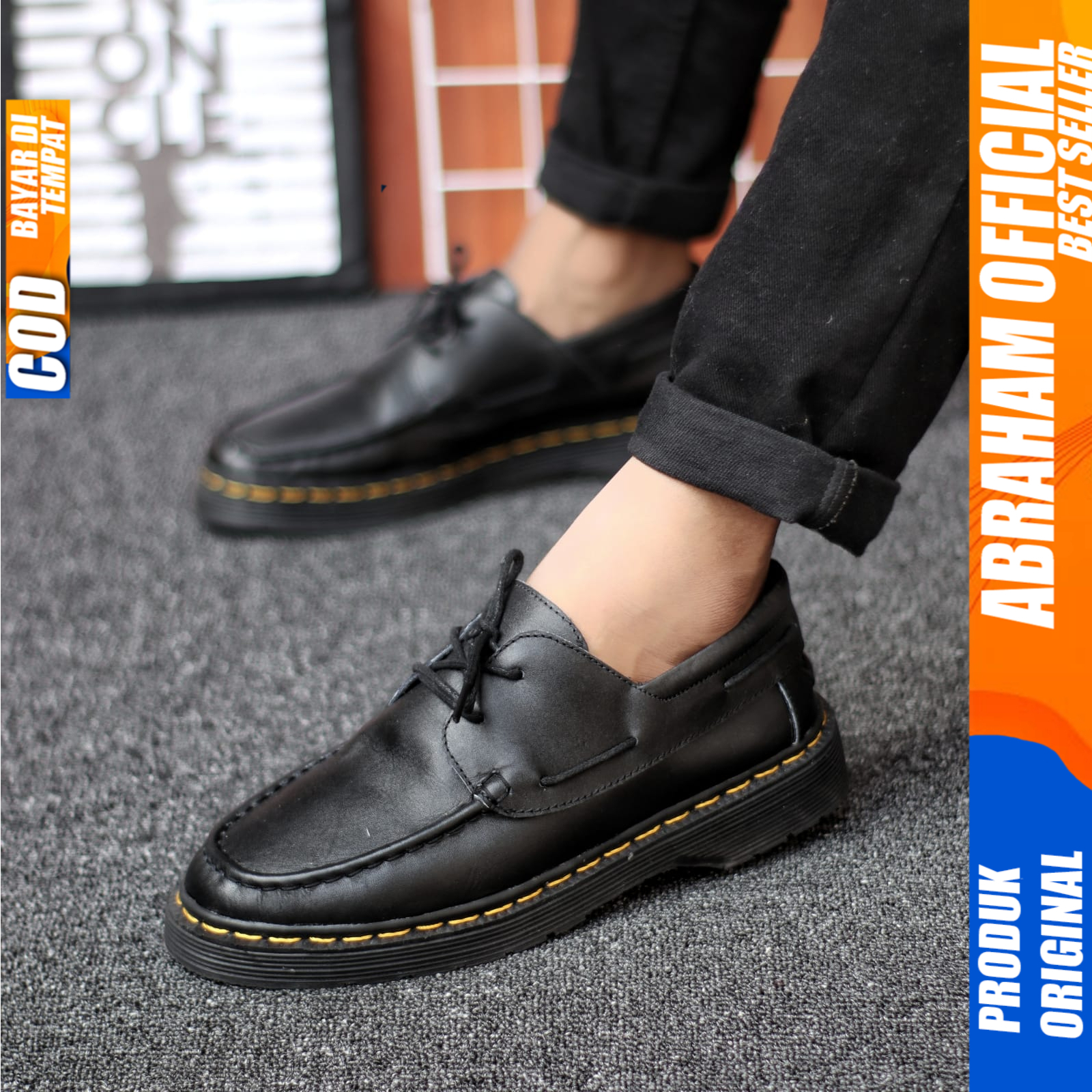 Sepatu Formal Pantofel Pria Casual Kulit Asli Tali Hitam Docmart Kerja Pria Abraham