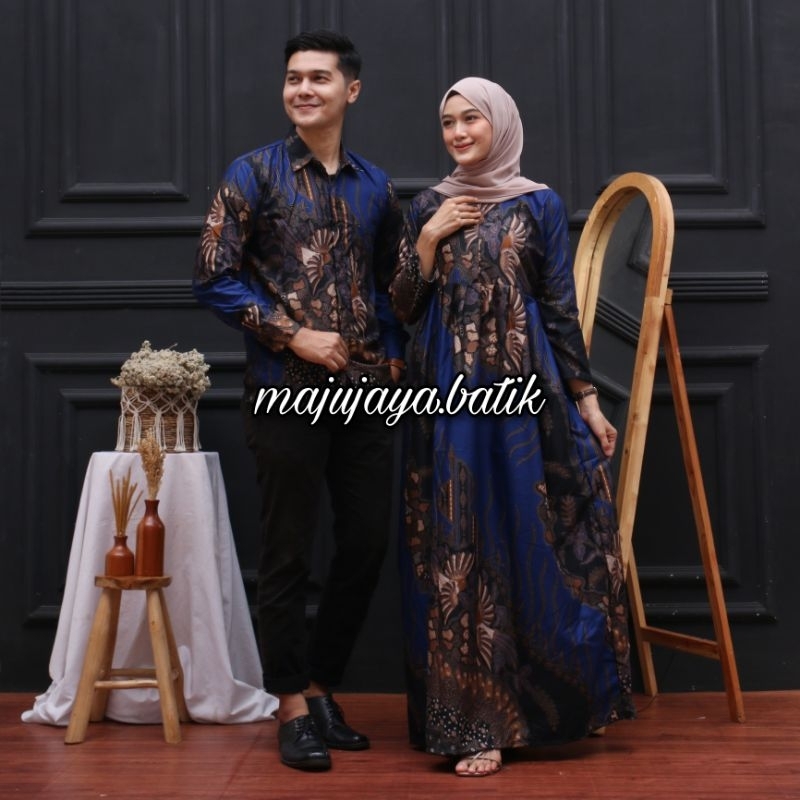 Batik Couple - Baju Batik Couple Kemeja Panjang Gamis Maxi Tali Samping Motif Tarung Navy