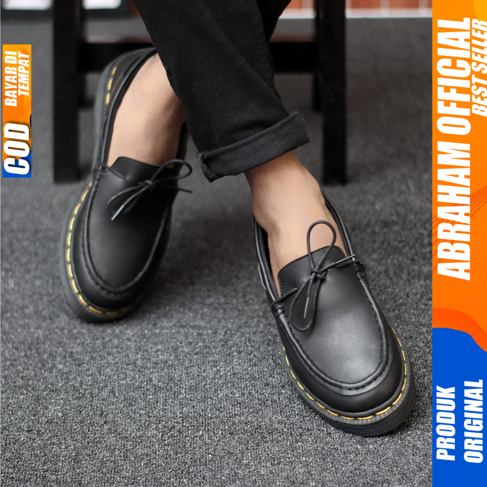 Sepatu Loafers Pria Docmart Pantofel Formal Casual Kulit Kerja Hitam Abraham