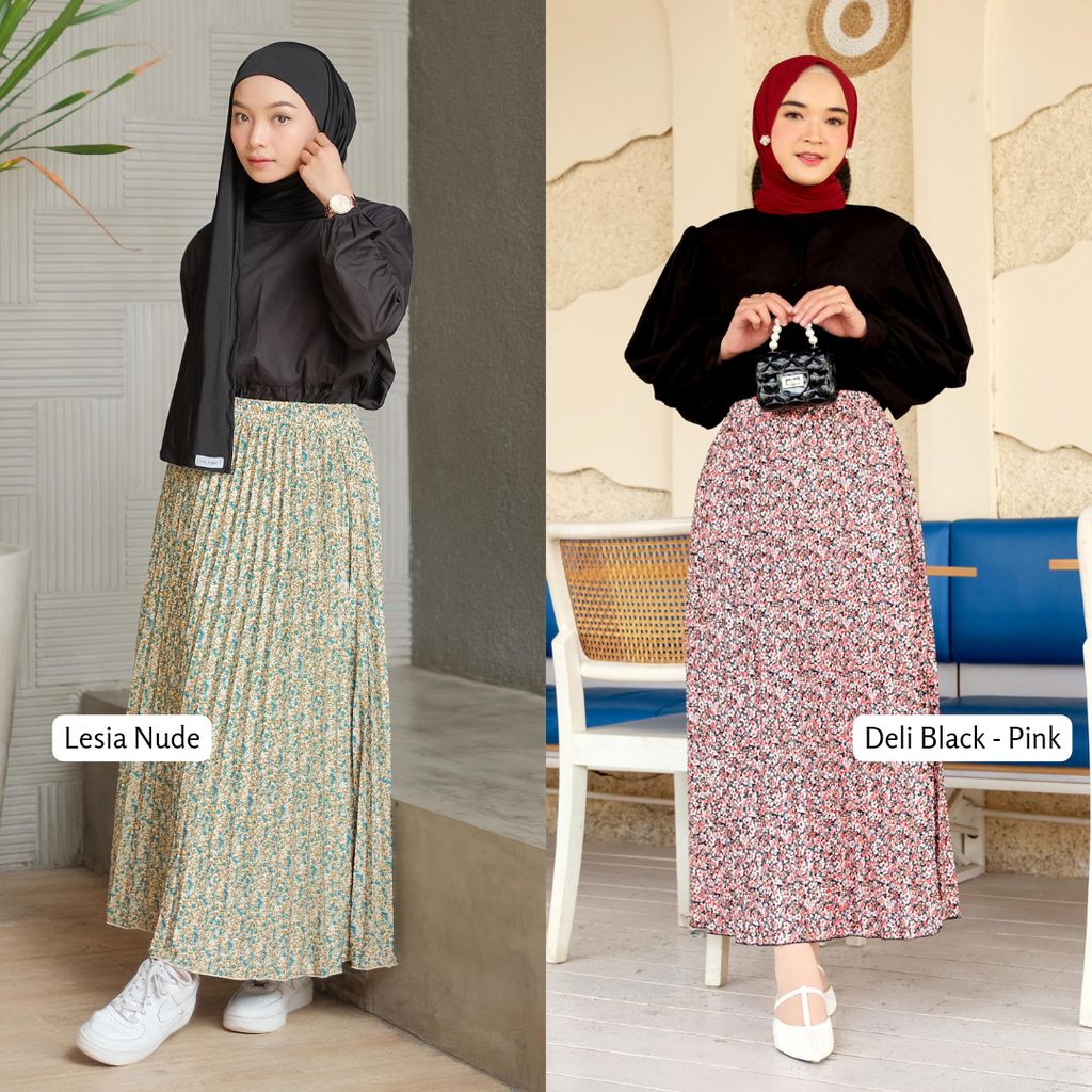 ROK PLISKET PANJANG PREMIUM MOTIF BUNGA - ROK BUNGA KOREA - HANA PLEATS SKIRT DEEWIDIY