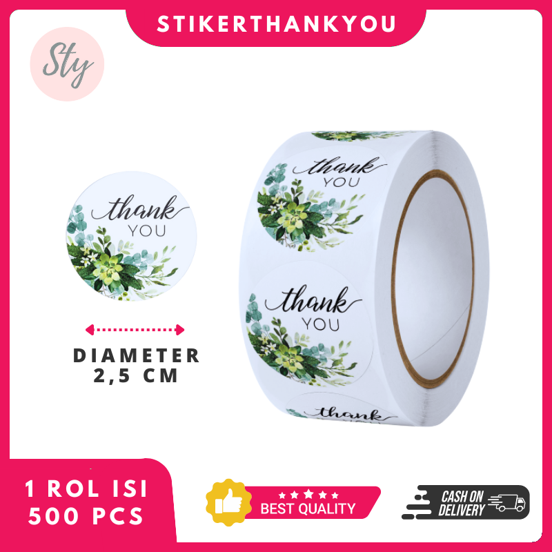 

500PCS Stiker Thank You Green Flower 2,5CM Label Ucapan Terima Kasih