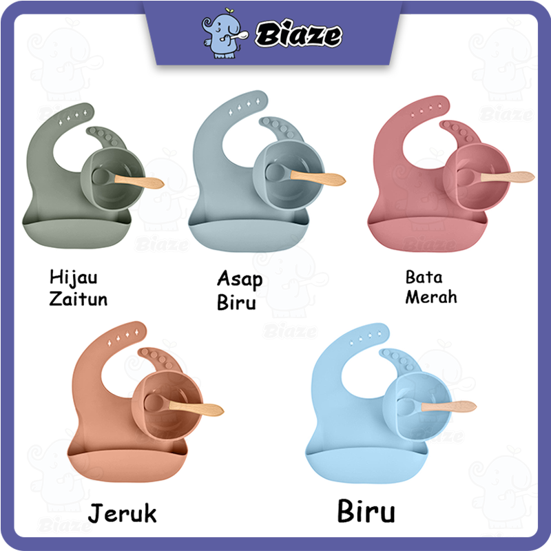 BIAZE 3 Buah Set Bayi Silicone Bib Peralatan Makan Mangkok Sendok Piring Food Grade Silikon BPA Free