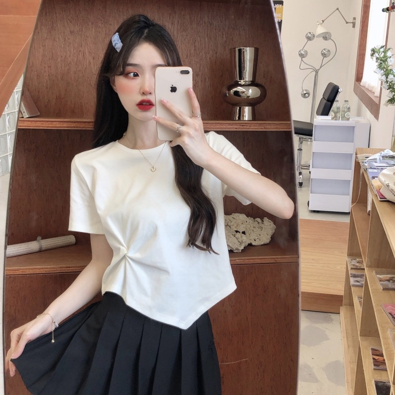 T&amp;Y Kaos Polos Wanita Lengan Pendek 6782 T-Shirt Women Short Sleeve Twisted Atasan Crop Top Wanita Serut Samping Ala Korea Murah Import