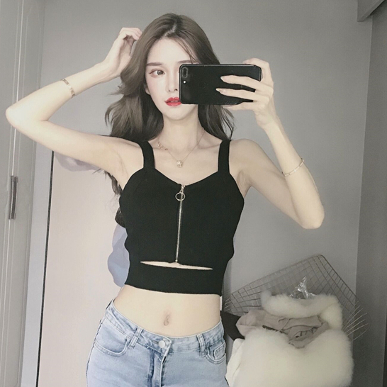 【Elegant】 Zipper Knitting Camisole with  Crop Top  2144