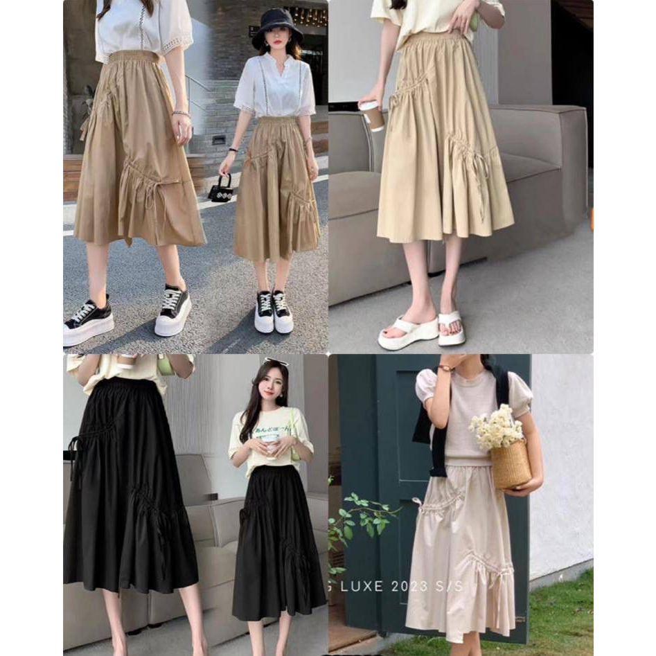 ROK 7/8 COTTON RUFFLE SERUT TALI POLOS BASIC PINGGANG KARET PREMIUM ROK BAWAHAN POLOS WANITA ROK SET