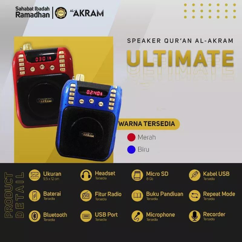 Al Akram Ultimate Speaker Al Quran Alakram Murottal Free Microfon Kabel USB SD Card Charger Murotal Alquran