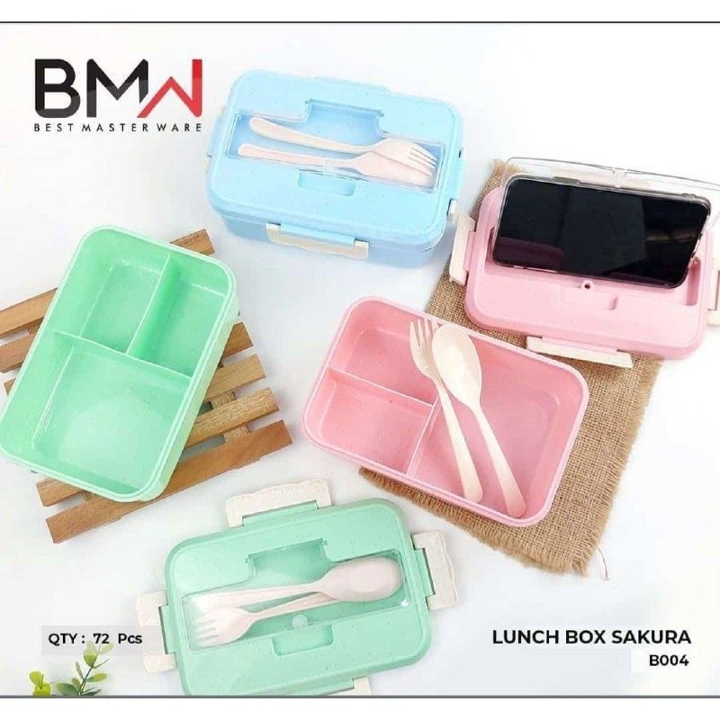 Kotak Bekal Makan 3 sekat Bahan Jerami / LUNCH BOX SET FREE SENDOK+GARPU BPA FREE CF12