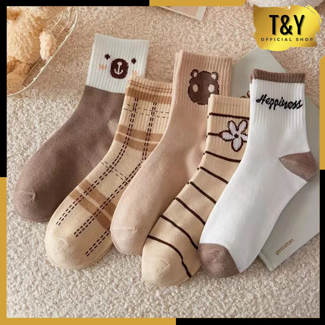 T&amp;Y Kaos Kaki Wanita Kode 6724 Setinggi Betis Corak Coklat Putih Bear Bunga Happiness Socks unisex Panjang Warna Bumi Coklat Estetik Sarung Kaki Mid Socks Ala Korea Diatas Mata Kaki Import Murah