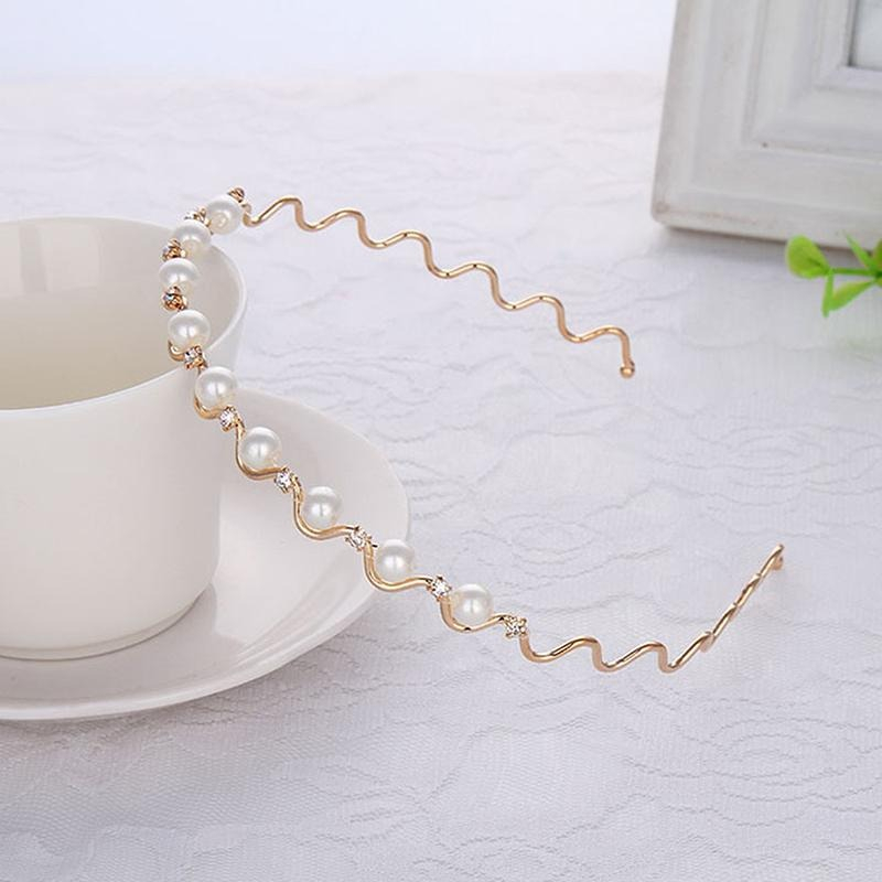 PREMIUM Pretty Rhinestone Pearl Hairpin Wave Hair Band Headband - Bando Gelombang Mutiara - Bando Besi Berlian - Aksesoris Wanita - Korean Style