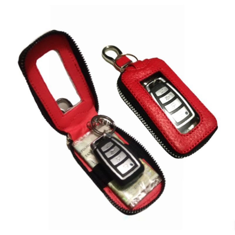 dompet kunci remote keyless mobil kulit asli transparan Zipper merah dompet STNK