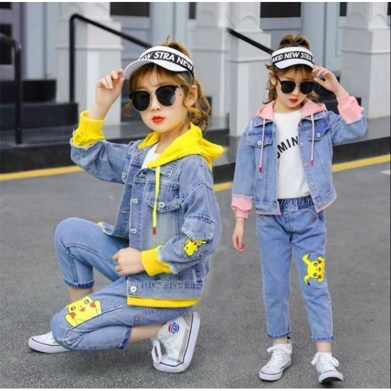 setelan anak jeans hoodie pikachu pokemon ±10th(instock kuning)