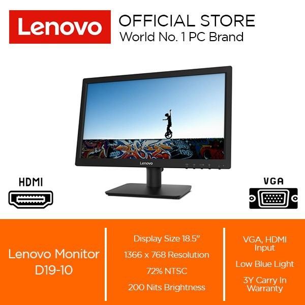 Monitor LENOVO 19&quot; Inch D19-10 TN 60Hz Port HDMI dan VGA Garansi Resmi