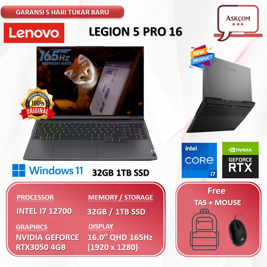 Laptop Gaming Lenovo Legion 5 Pro 16 RTX3050 4GB I7 12700 32GB 1TBSSD W11 16.0QHD IPS 165HZ