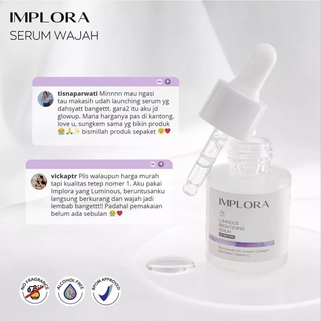 IMPLORA Serum 20ML | Luminous Brightening | Acne Jerawat | Peeling Exfoliating | Liporetinol | Bakuchiol | Salmon DNA | Birdnest Nourish | Midnight | Hydrating | Meningkatkan Elastisitas Kulit dan sebagai Antioksidan | Halus &amp; Glowing