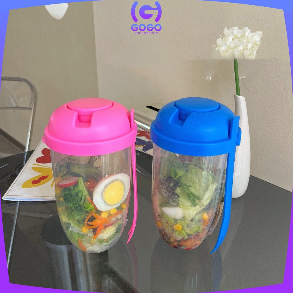 GOGO-C863 Botol Salad 1000ML dengan Sendok Garpu + Botol Saus Kecil Praktis Portable / Tempat Makan Buah Sayur Salad Transparan BPA FREE / Gelas Salad Plastik Import