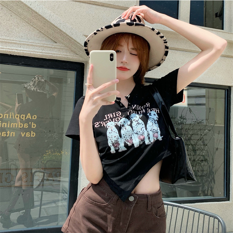 DF BJ391 Baju Kaos Crop Top Printed Mix Button Pin Atasan Wanita Lengan Pendek Korean Style