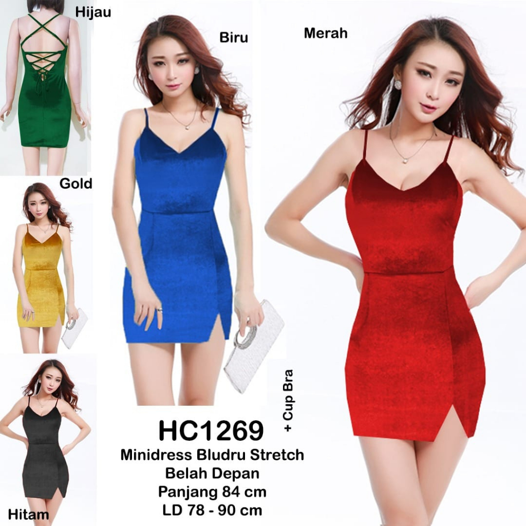 HC1269 Mini Dress Bludru/Velvet Belah Depan Motif Polos Tali Belakang Stretch Bodycon / Gaun Pendek / Drees Sexy / Dress Mini Seksi