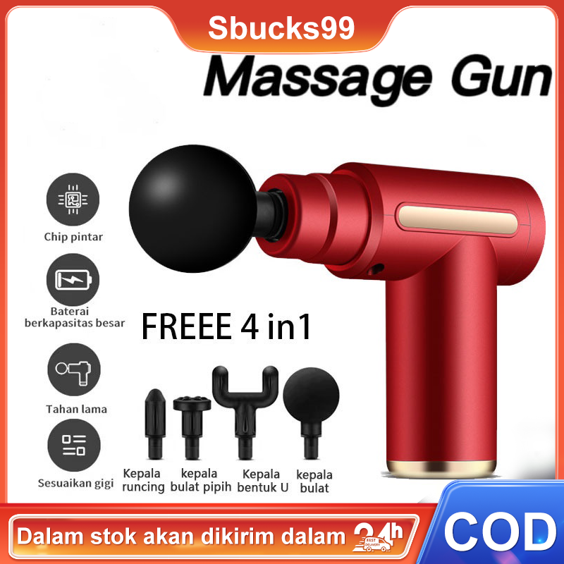 Massage Gun for Pain Relief Muscle - DEEP TISSUE MUSCLE mini gun massage 6 Adjustable Speed &amp; 4 Heads/alat gun pijat elektrik