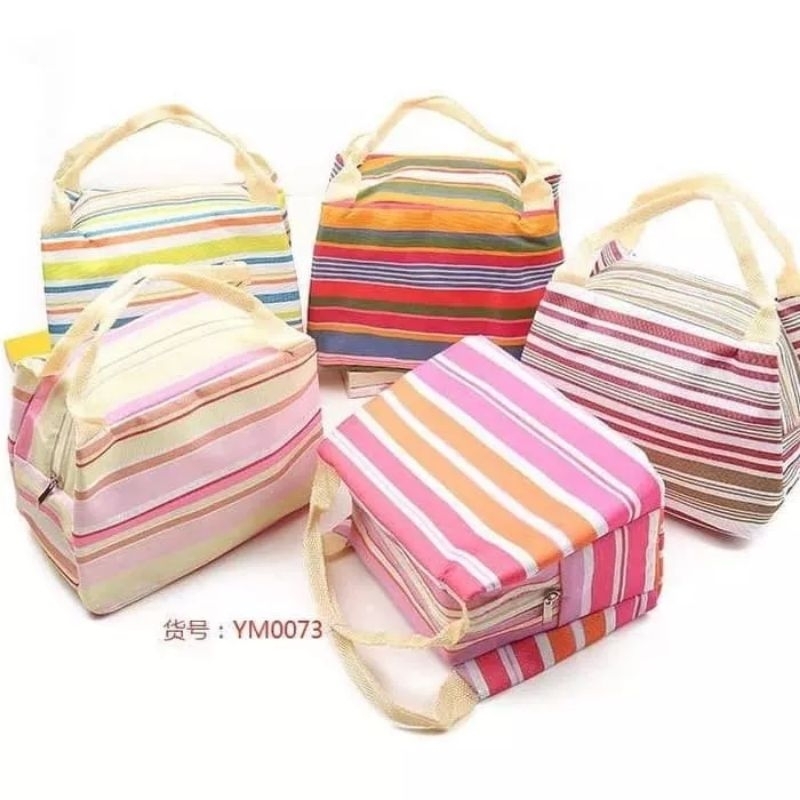 Tas bekal cooler bag cantik tas Asi kecil pouch pendingin motif garis