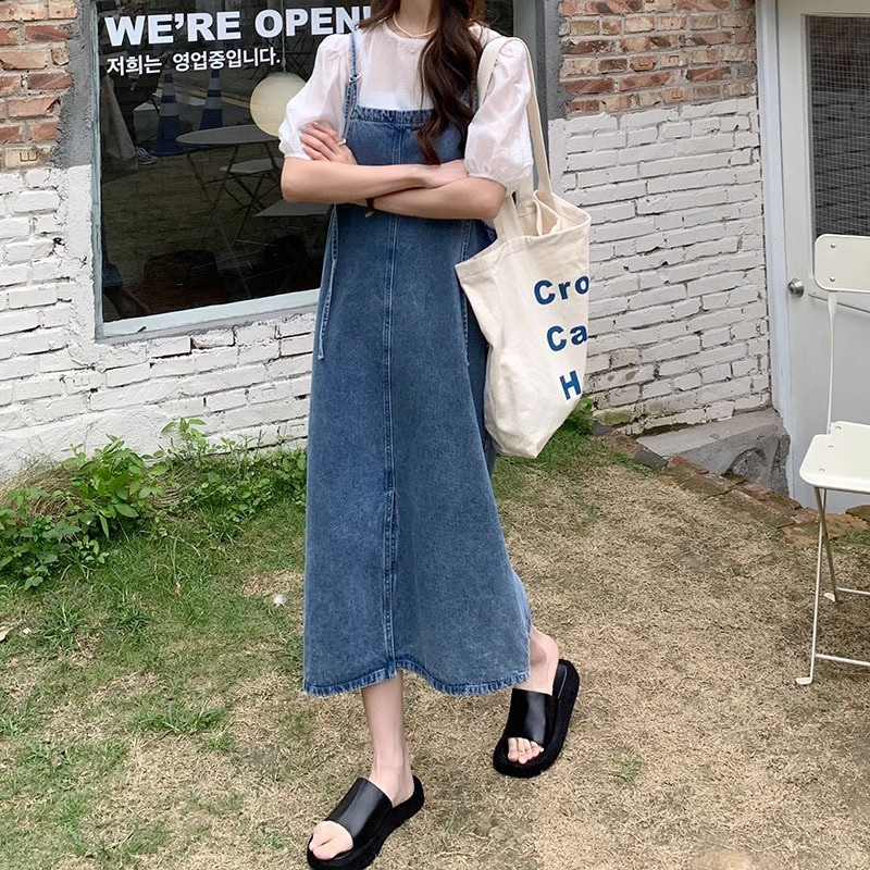 Overall dress jeans wanita overall rok jeans panjang wanita rok korean style jumpsuit rok suspender fashion jumbo kekinian 2023