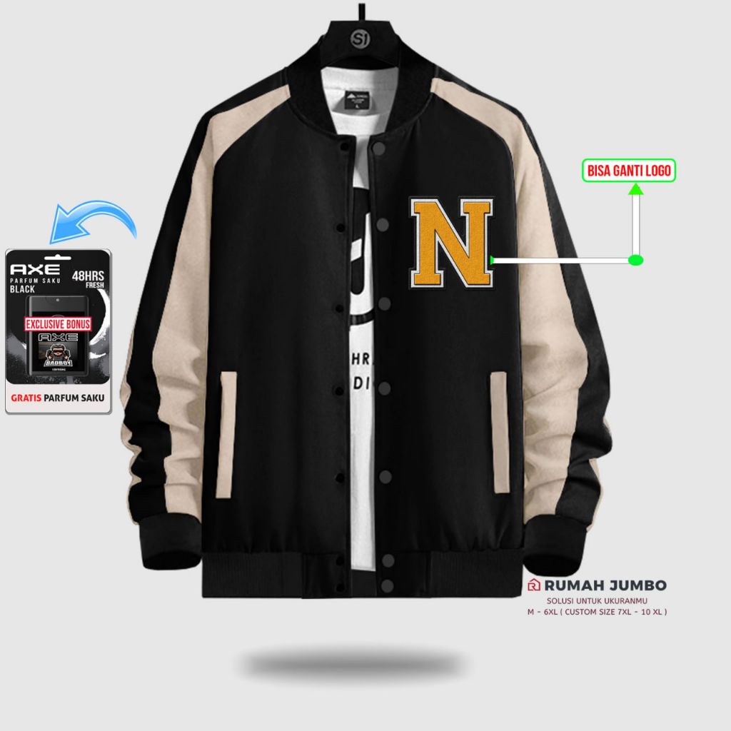 Jaket Bomber Varsity Oversize (M - 6XL) Baseball Custom N BLACK CREAM