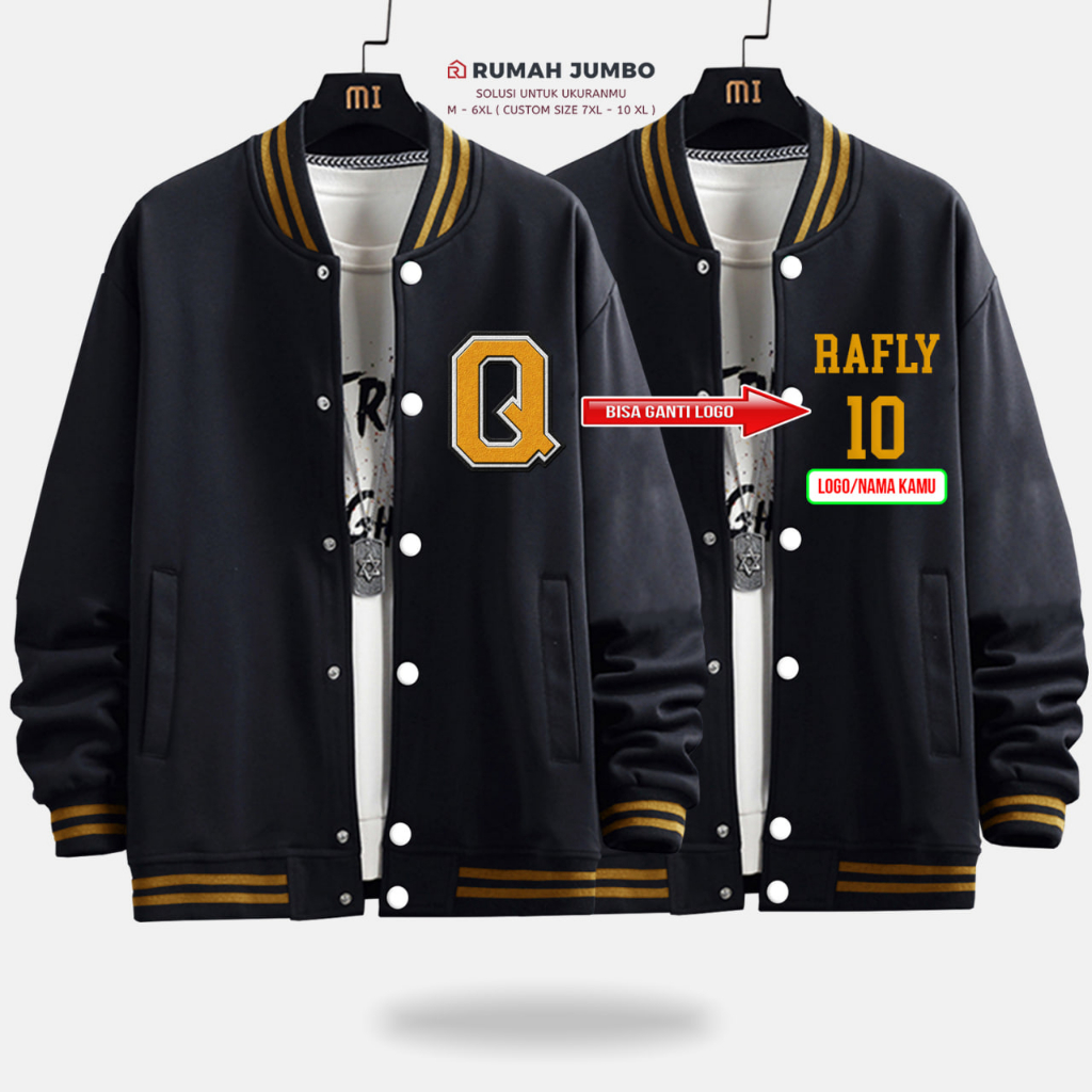 Jaket Bomber Varsity Oversize (M - 6XL) Baseball Custom Q BLACK