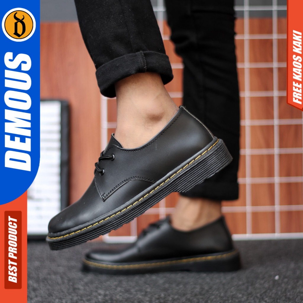 DEMOUS KUSHINA - Sepatu Pria Docmart Pantofel Low Boots Formal Hitam Kulit Pu