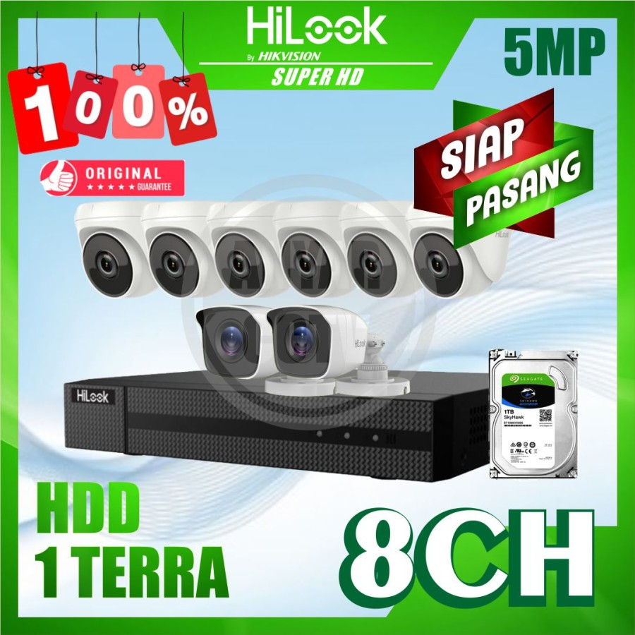 Paket CCTV HiLook by Hikvision 5MP 8 Kamera HDD 1TB Siap Pasang