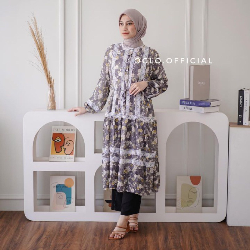 Jenlysa Tunic by Oclo | Tunik midi dress sifon motif bunga vintage