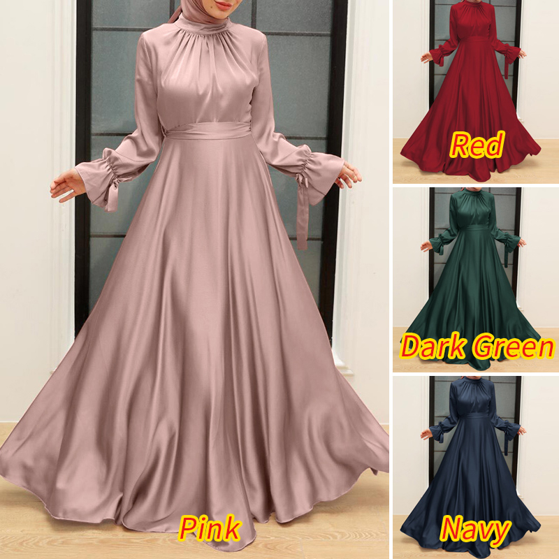 ZANZEA Women Retro Muslim Flare Sleeve O-Neck Solid Irregular Hem Fashion Casual Maxi Dress