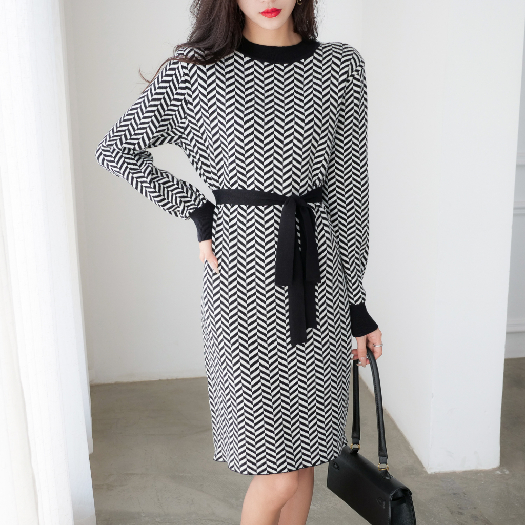 【Elegant】Zigzag Midi Belted Dresses 2102