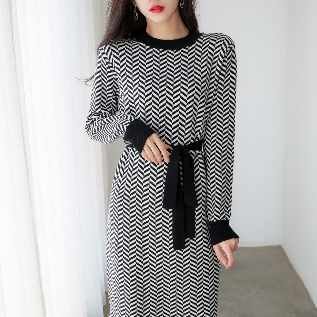 【Elegant】Zigzag Midi Belted Dresses 2102